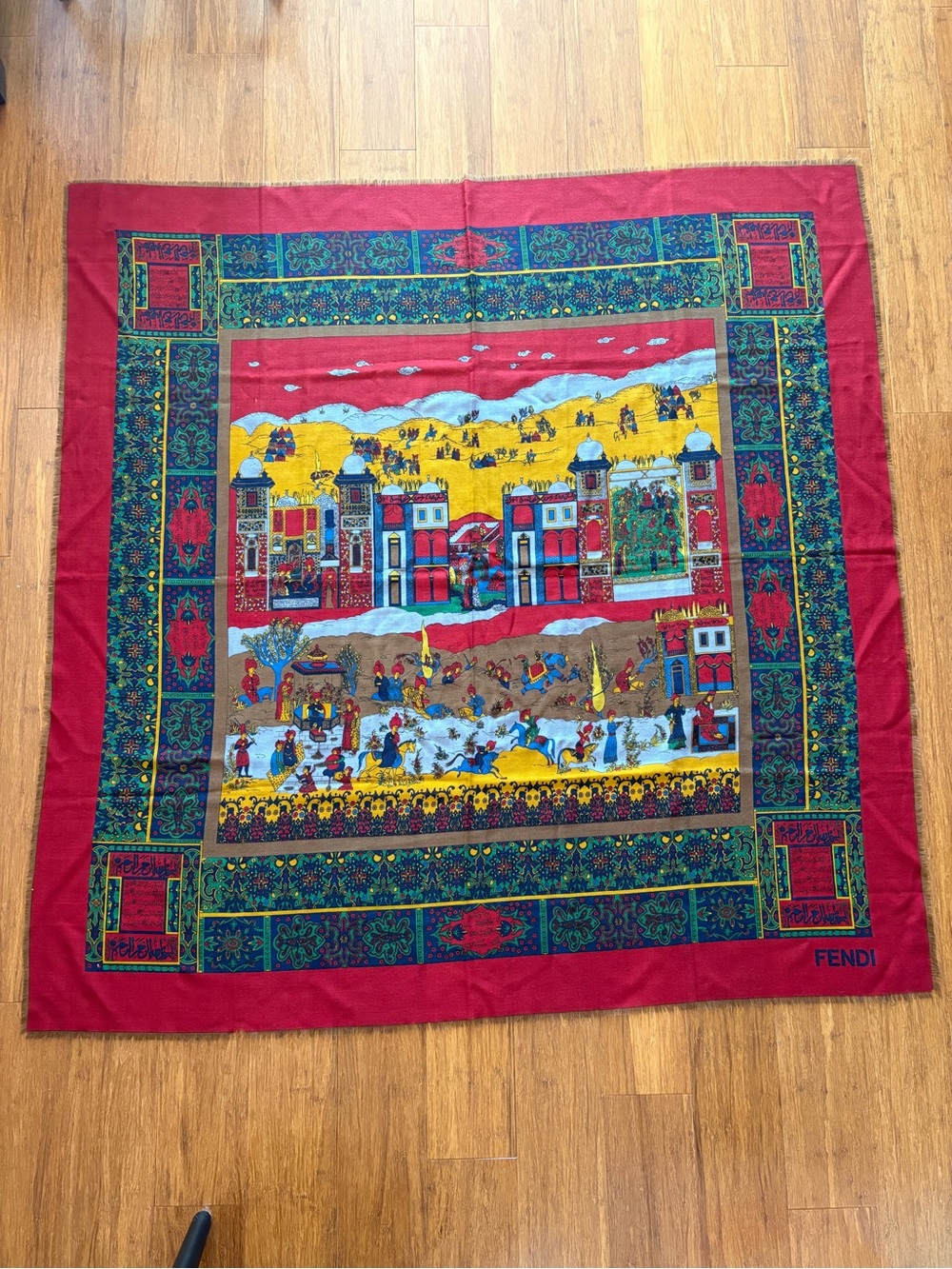 Vintage designer wool scarf with red border